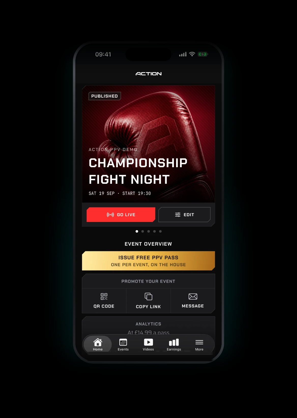 The ActionPPV app home screen showing tonight's event, go live button and sharing options