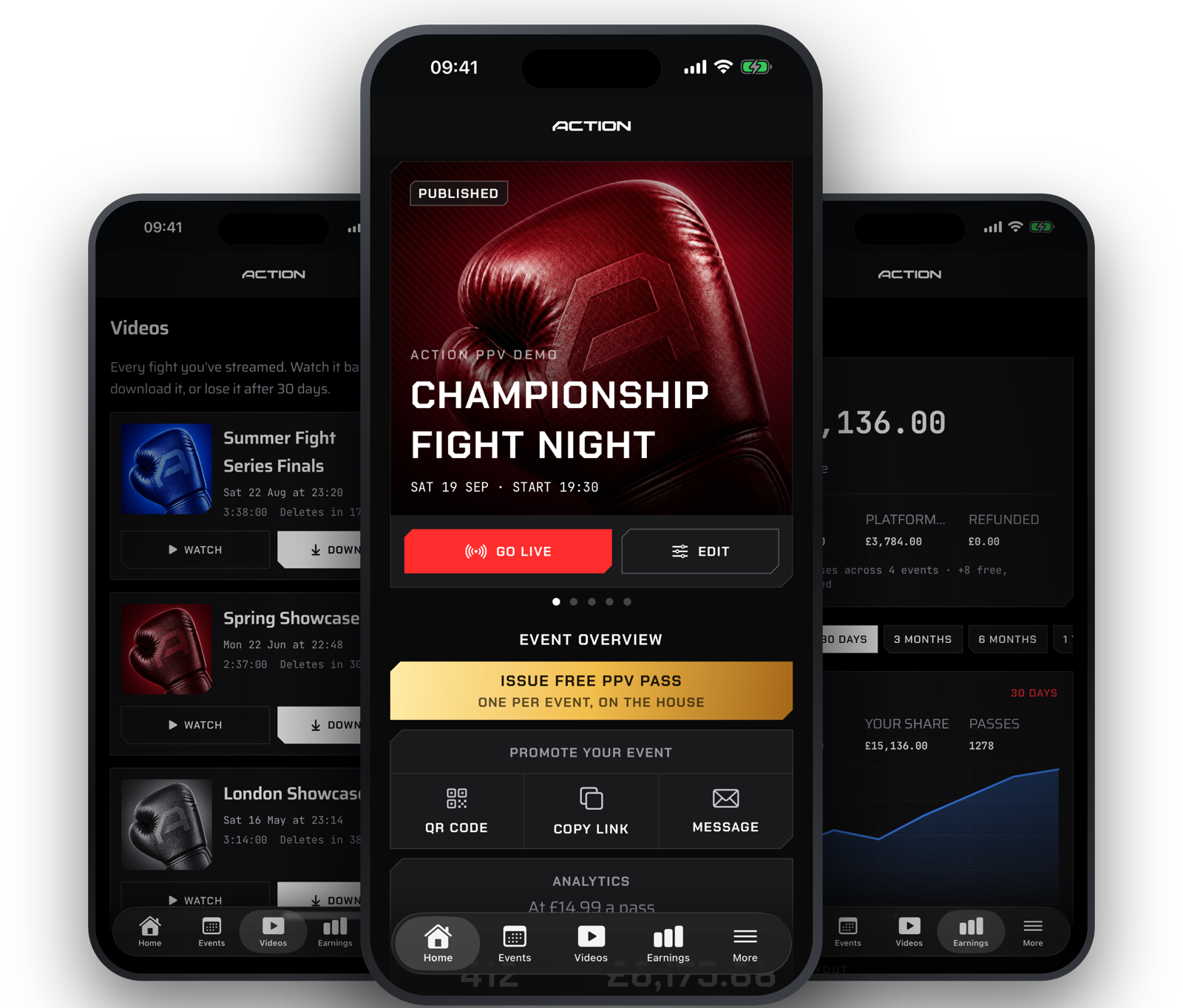 Three phones showing the ActionPPV app: videos, tonight's event with go live, and earnings